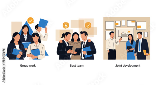 Three vector illustrations showing professionals engaged in teamwork, group planning, and collaborative project development in a business setting.