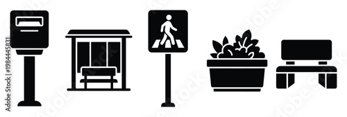Public street elements collection featuring a parking meter, bus stop, pedestrian sign, planter, and bench icons perfect for urban planning and city life projects