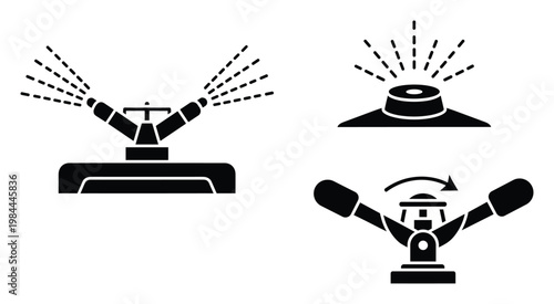 Collection of various water sprinkler glyph icons for effective lawn and garden irrigation, ideal for gardening guides, landscape design resources, and agricultural applications.