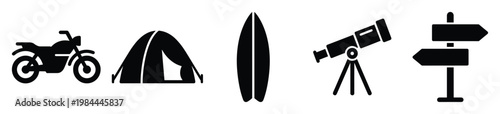 Adventure travel and outdoor activity icons featuring a motorcycle, camping tent, surfboard, telescope, and directional signpost for vacation planning and exploration symbols