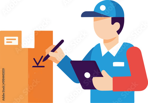 A delivery person in a blue uniform and cap is digitally signing a brown cardboard package with a stylus on a tablet.