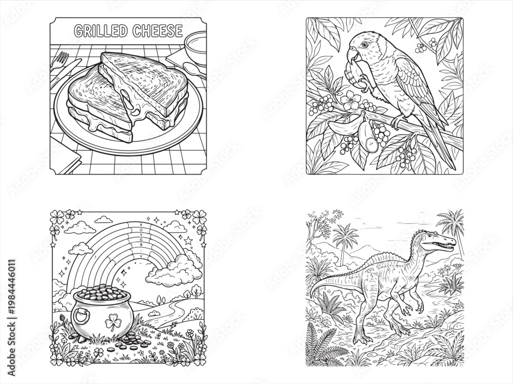 Obraz premium Coloring book pages, kids dinosaur illustrations, parrot, cookies and coffee, black and white
