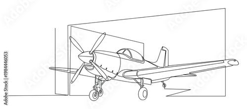 Elegant continuous line drawing of a classic propeller airplane with landing gear portraying the spirit of flight and aviation history suitable for transportation design and educational