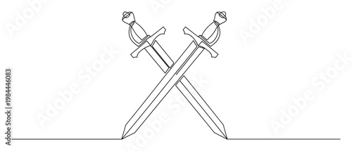 Crossed swords depicted in a continuous single line drawing style representing ancient conflict, honor, or rivalry, suitable for branding, emblems, or historical themed graphic applications.
