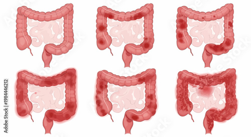 Illustrations showing different stages of inflammation and damage within the colon, highlighting areas of redness and irritation, representing various gastrointestinal conditions