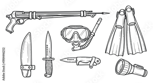 Underwater hunting and diving gear collection featuring a speargun, mask, snorkel, fins, utility knives, and a flashlight, perfect for illustrating water sports and aquatic adventures.