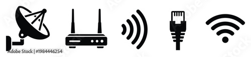 Modern telecommunications and internet connectivity technology icon collection presenting satellite dish, wireless router, signal waves, and Ethernet connector for various digital media