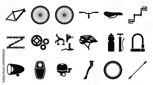 Essential bicycle components and cycling gear silhouettes for instructional diagrams, outdoor adventure promotions, and active lifestyle media projects