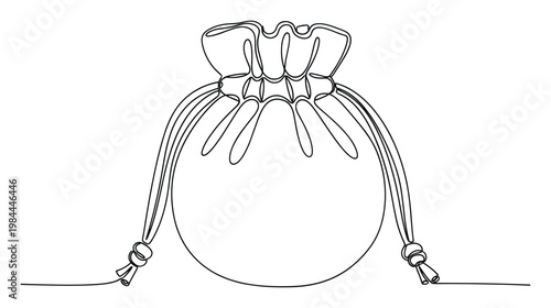 Minimalist continuous line drawing of a versatile drawstring pouch ideal for packaging concepts, jewelry presentation, gift wrapping, and diverse product design applications.