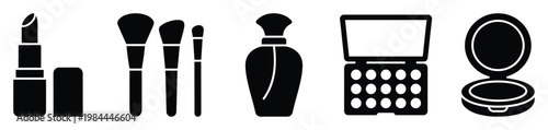 Essential makeup and cosmetic tools represented as elegant black silhouette icons for product branding, salon promotions, or personal care website graphics