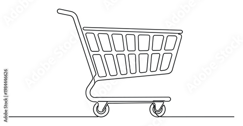 Continuous line drawing of a shopping cart representing online shopping, retail sales, consumerism, and purchasing for ecommerce websites and business presentations