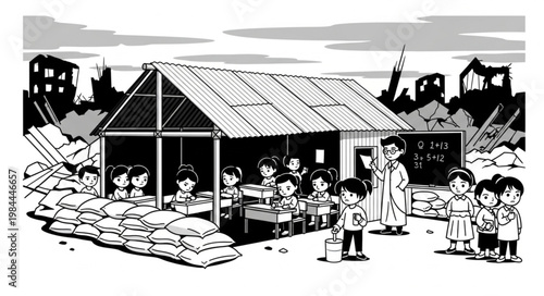 Children standing outside a damaged school.