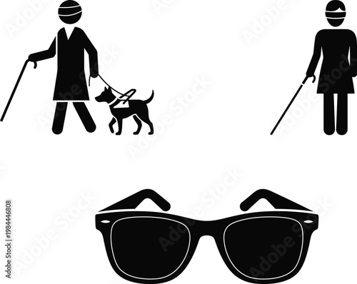 Blind man icons set silhouette on white background
