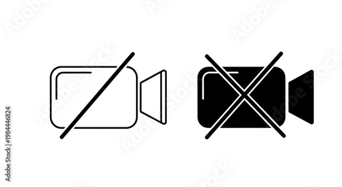 Black and white video camera icon with a diagonal line indicating no video, symbolizing mute or disabled camera function