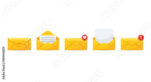 Dynamic collection of yellow envelope vector icons symbolizing email, message notifications, digital communication, important alerts, and mail correspondence with modern safety concepts