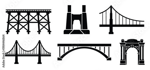 Collection of various bridge types presented as black silhouette icons illustrating architectural engineering and transportation infrastructure