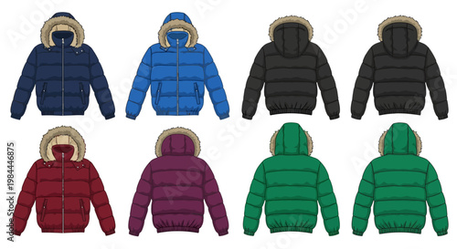 A comprehensive collection of hooded puffer jackets in various vibrant colors, showcasing detailed front and back designs for versatile winter fashion concept and apparel design inspiration