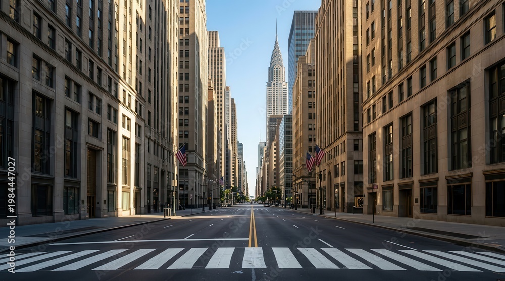 Fototapeta premium Sunny day in Manhattan with an empty street looking towards Midtown NYC skyscrapers.