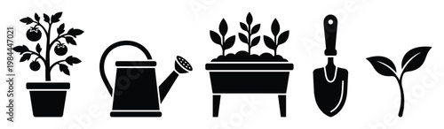 Variety of gardening items showing a potted tomato plant, a traditional watering can, growing seedlings in a rectangular planter, a sturdy hand trowel, and a small green sprout, ideal for