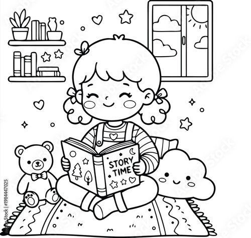 Cute little girl reading a story time book, sitting on a cozy rug