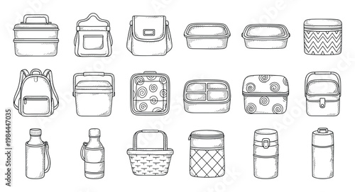 A versatile collection of hand drawn meal preparation and storage solutions featuring various insulated bags, lunch boxes, and water bottles suitable for lifestyle and educational content