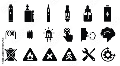 Modern vaping icons showcasing diverse electronic cigarette devices, essential eliquid, coils, battery components, important hazard warnings, user interaction, and product maintenance