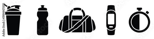 Collection of essential fitness and gym equipment silhouette icons including a shaker bottle, water bottle, duffel bag, smart band, and stopwatch for various health and wellness projects