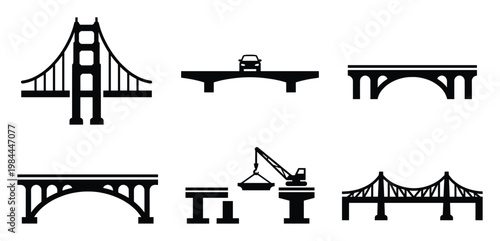 Diverse collection of bridge icons showcasing various architectural engineering structures and construction processes ideal for infrastructure and transportation design applications.