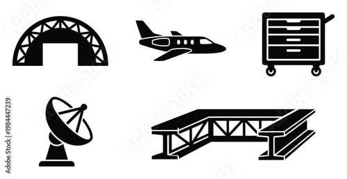 Versatile monochrome silhouette icon set showcasing industrial and technology assets private jet, satellite dish, arched hangar, rolling tool cart, structural steel beams, perfect for