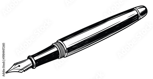Elegant detailed fountain pen line drawing evoking classic writing instruments perfect for publishing projects educational materials and sophisticated stationery designs