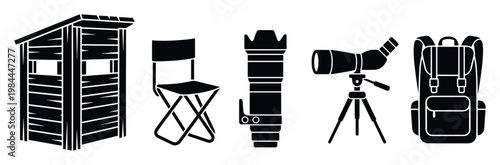 Essential gear for nature photography and wildlife observation including a hide, chair, telephoto lens, spotting scope, and backpack perfect for outdoor adventure and birdwatching projects