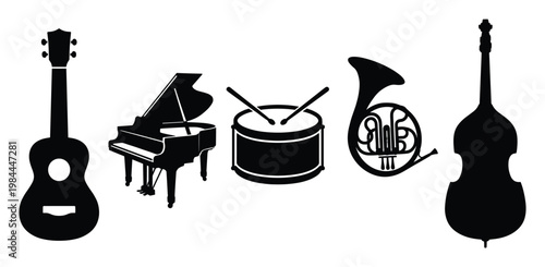 Collection of classic musical instruments presented as graphic silhouettes for versatile applications in music related marketing educational materials or event promotions