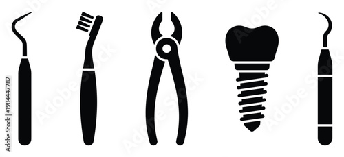 Essential dental care and treatment instruments icon set perfect for dentistry and oral hygiene related educational materials or health service promotions