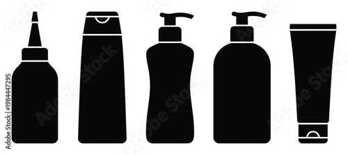 Collection of black silhouette icons featuring diverse cosmetic and hygiene product containers including pump bottles squeeze tubes and shampoo bottles perfect for branding and packaging