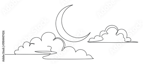 Minimalist continuous line drawing of a serene crescent moon nestled amongst soft stylized clouds, perfect for tranquil night sky graphics or peaceful celestial themes