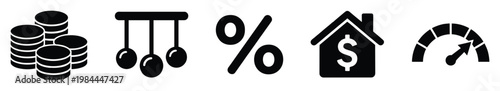 Financial indicators set with stacked coins percentage symbol house with dollar sign and speedometer gauge for economic analysis investment planning and market trend visualization