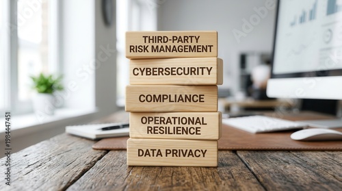 A stack of wooden blocks representing third-party risk management, cybersecurity, and data privacy.