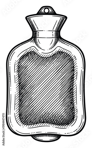 Traditional hot water bottle handdrawn sketch conveying comforting warmth and soothing relief, an ideal visual for health, wellness, and therapeutic product packaging or marketing materials.