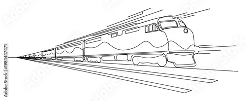 Dynamic continuous line drawing of a sleek highspeed train traveling rapidly into the distance, perfect for conveying modern transportation and forward motion themes in various visual