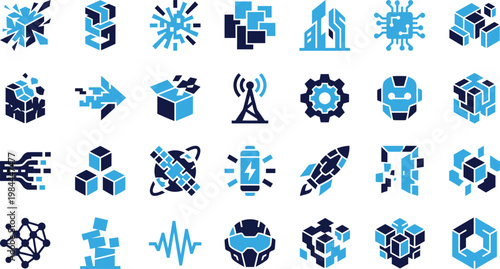 Abstract swirling shapes and yin yang symbols in blue and dark blue for dynamic concepts.