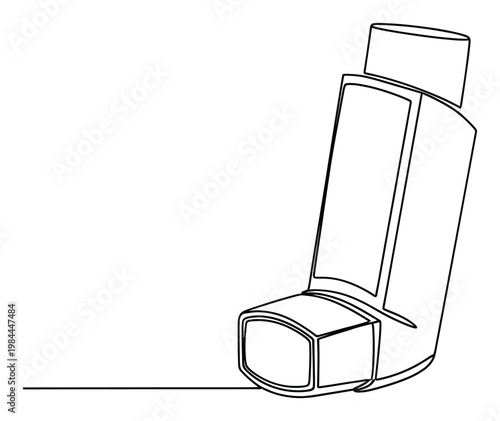 Simple black line drawing of an essential asthma inhaler symbolizing respiratory medication, urgent relief, and lung disease management for medical educational resources and health