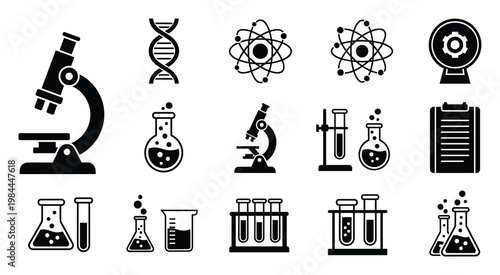 Comprehensive collection of black and white science and laboratory icons featuring microscopes, DNA, atoms, test tubes, and flasks, perfect for educational resources, scientific articles,