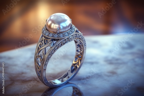 selective focus pearl ring displayed on smooth marble surface