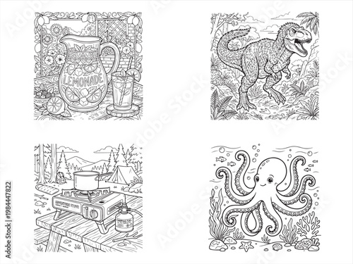 Black and white, vintage-style illustrations, coloring book pages, 4 educational pictures, dinosaurs, ocean creatures, kitchen, jug