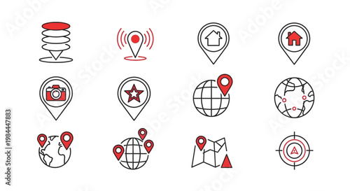 Collection of location and navigation icons including map pins, globes, and cameras for travel and geo-tagging