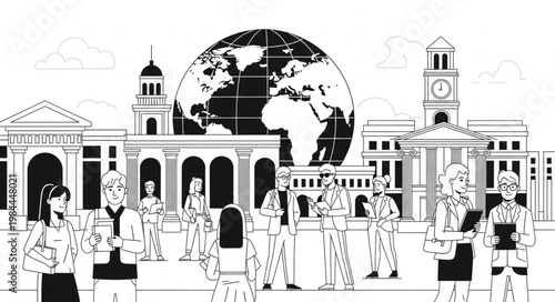 People in front of a globe.