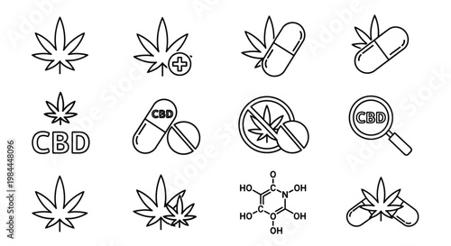 Collection of CBD-related icons including cannabis leaves, pills, capsules, and a magnifying glass symbolizing research and analysis