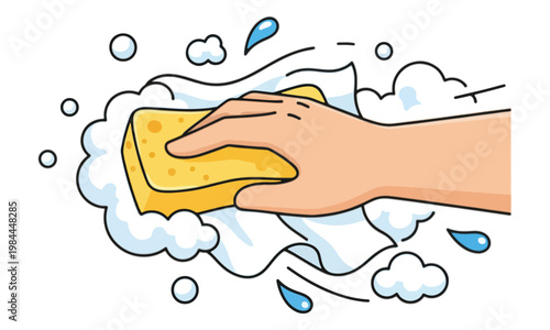 Hand washing with yellow sponge and soapy foam illustration