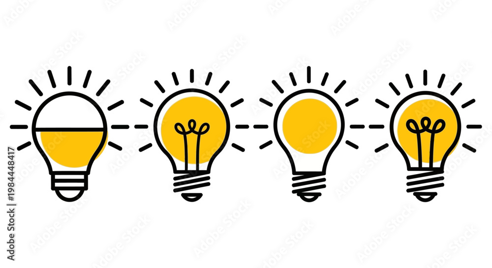 Εκτύπωση καμβά Set of stylized light bulbs representing ideas and innovation, with varying leve