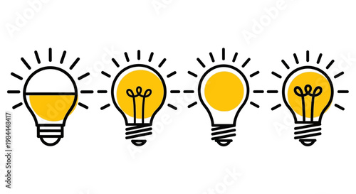 Fotografi Set of stylized light bulbs representing ideas and innovation, with varying leve